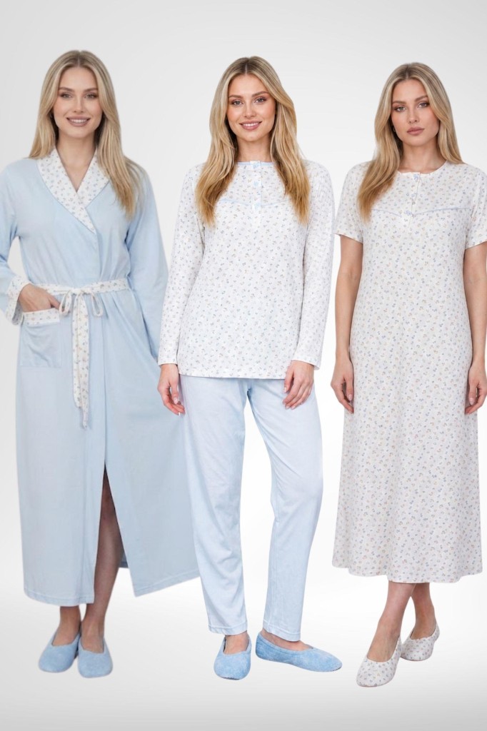 Mecit 6385 Mavi Büyük Beden Kadın Sabahlık Pijama Gecelik Set