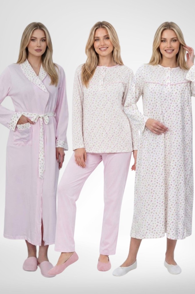 Mecit 6384 Pembe Büyük Beden Kadın Sabahlık Pijama Gecelik Seti