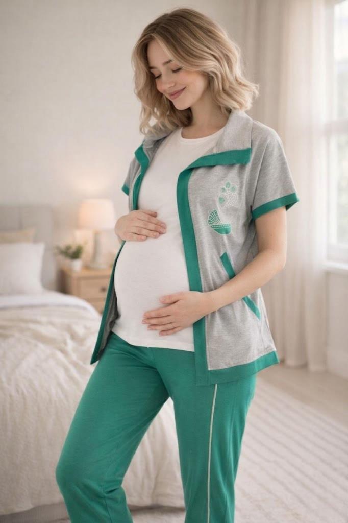 Mecit 6352 Yeşil Bayan Yelekli Hamile Lohusa Pijama Takımı