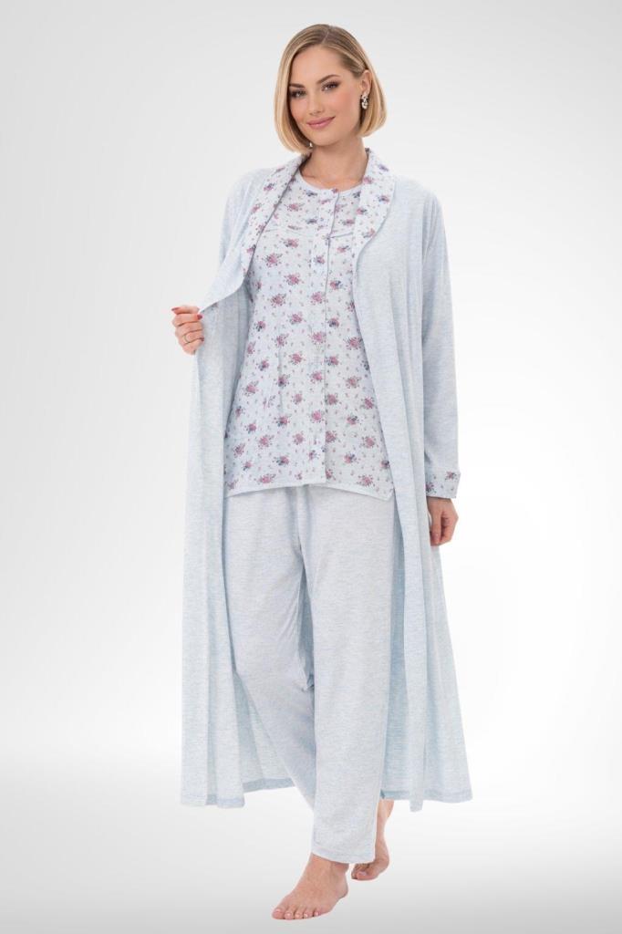 Mecit 6317 Mavi Kadın Büyük Beden Sabahlıklı Pijama Takımı