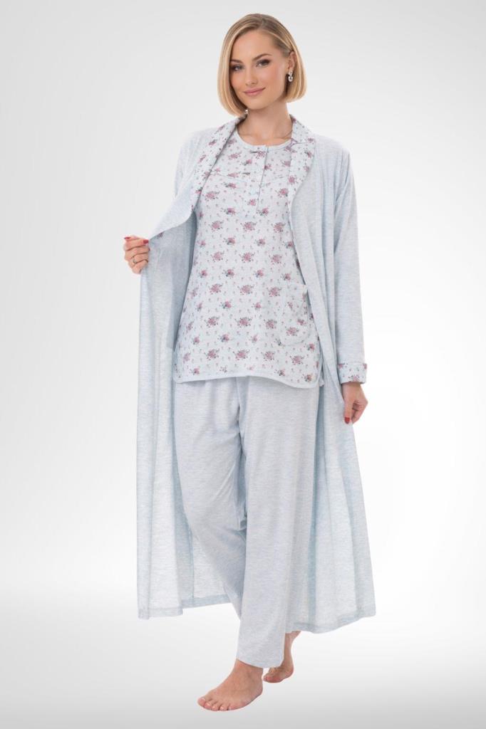 Mecit 6316 Mavi Kadın Büyük Beden Sabahlıklı Pijama Takımı