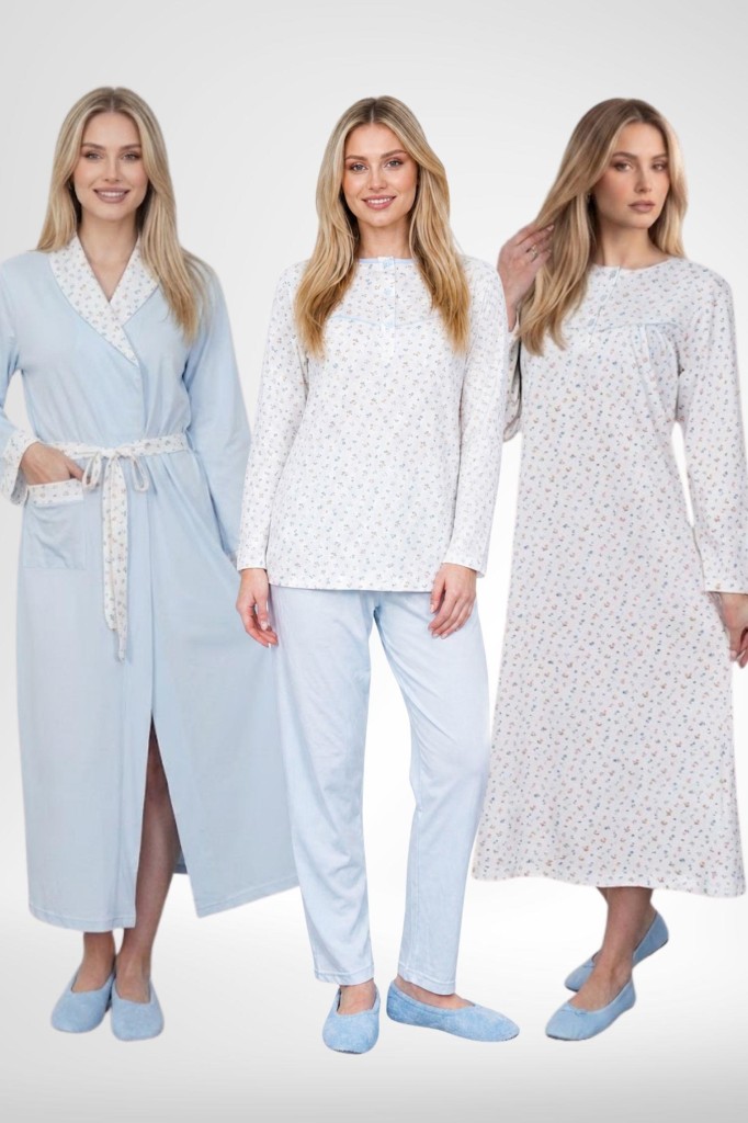 Mecit 6384 Mavi Büyük Beden Kadın Sabahlık Pijama Gecelik Seti