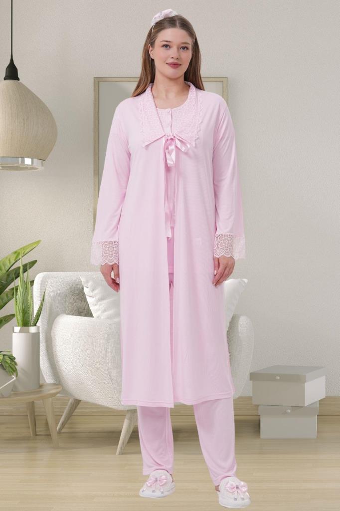 Mecit 1541 Bayan Hamile Lohusa Pembe Uzun Sabahlık Pijama Takımı