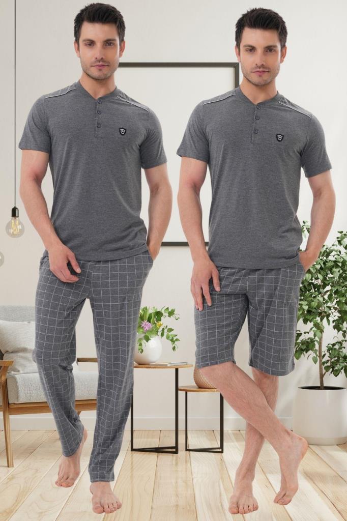 Mecit 2980 Füme Büyük Beden 3 Parça Erkek Şortlu Pijama Takımı