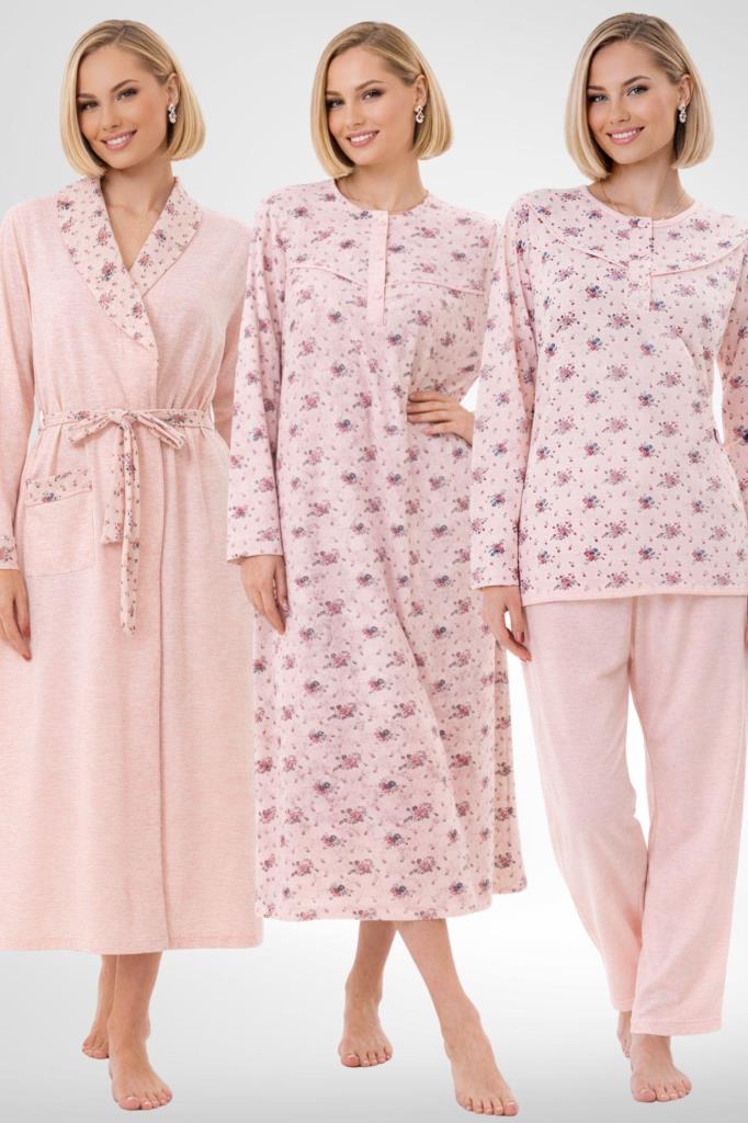 Mecit 6318 Pudra Büyük Beden Kadın Sabahlık Pijama Gecelik Set