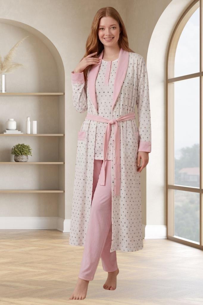 Mecit 6358 Pembe Kadın Uzun Sabahlıklı Pijama Takımı