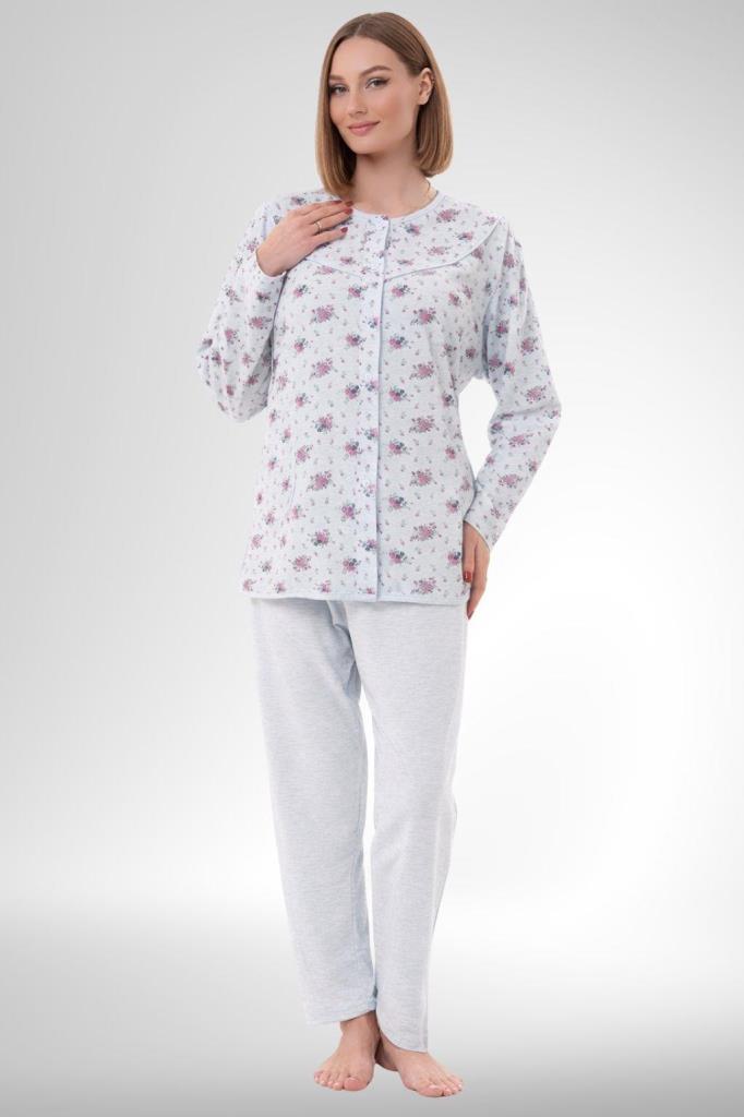 Mecit 6315 Mavi Kadın Boydan Düğmeli Büyük Beden Pijama Takımı