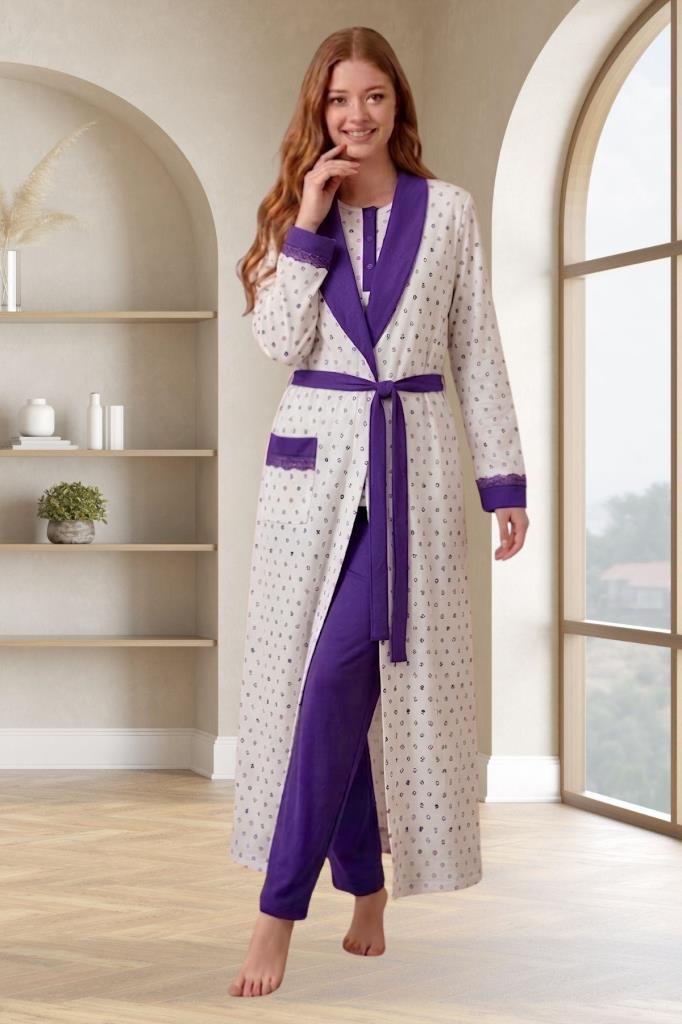 Mecit 6358 Mor Kadın Uzun Sabahlıklı Pijama Takımı