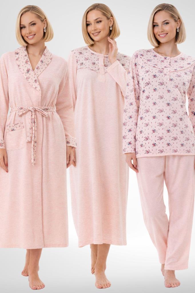 Mecit 6320 Pudra Büyük Beden Kadın Sabahlık Pijama Gecelik Set