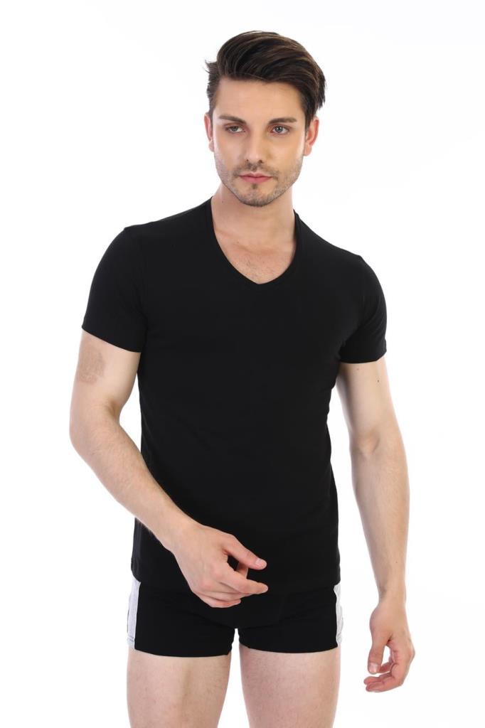 3 Adet Çift Kaplan Erkek Elastanlı V Yaka Fanila Atlet Siyah 956