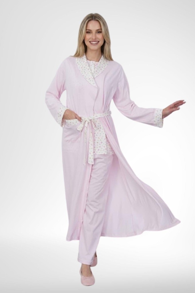 Mecit 6398 Pembe Kadın Uzun Sabahlık Boydan Düğmeli Pijama Takımı