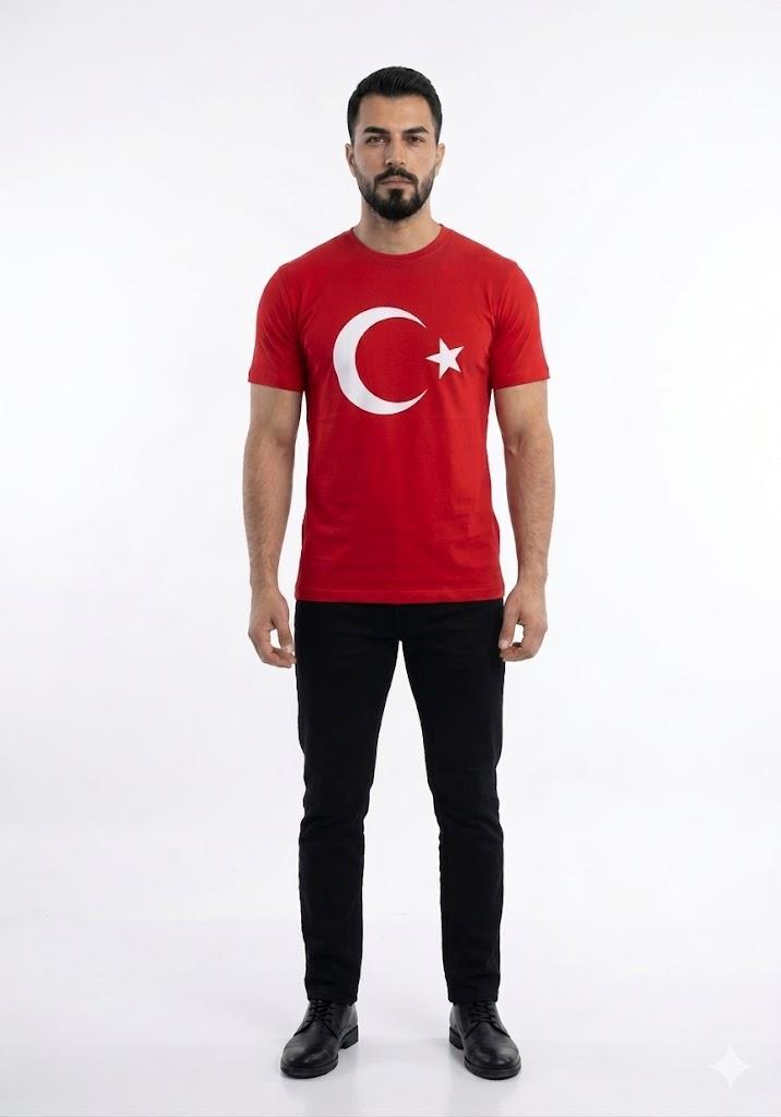 Erkek Ay Yıldızlı Türk Bayraklı Kısa Kol Tişört Kırmızı