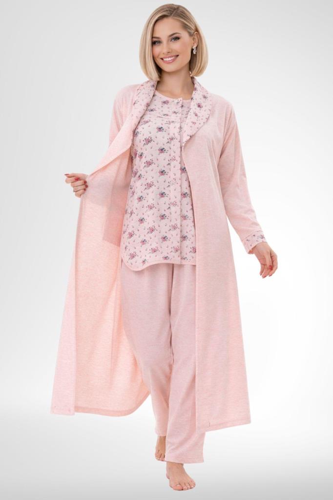 Mecit 6317 Pudra Kadın Büyük Beden Sabahlıklı Pijama Takımı