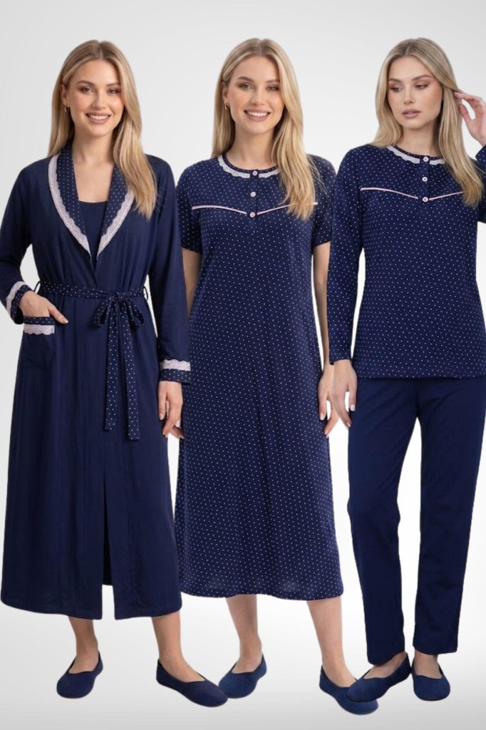Mecit 6393 Lacivert Pamuklu Kadın Sabahlık Pijama Gecelik Seti