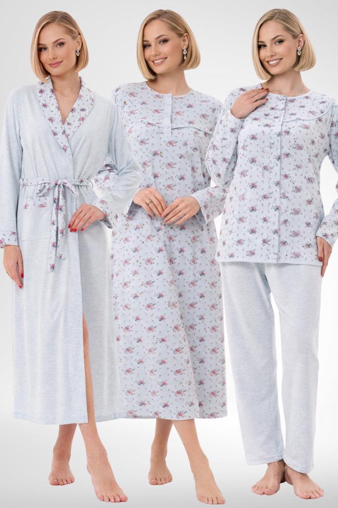 Mecit 6319 Mavi Büyük Beden Kadın Sabahlık Pijama Gecelik Set