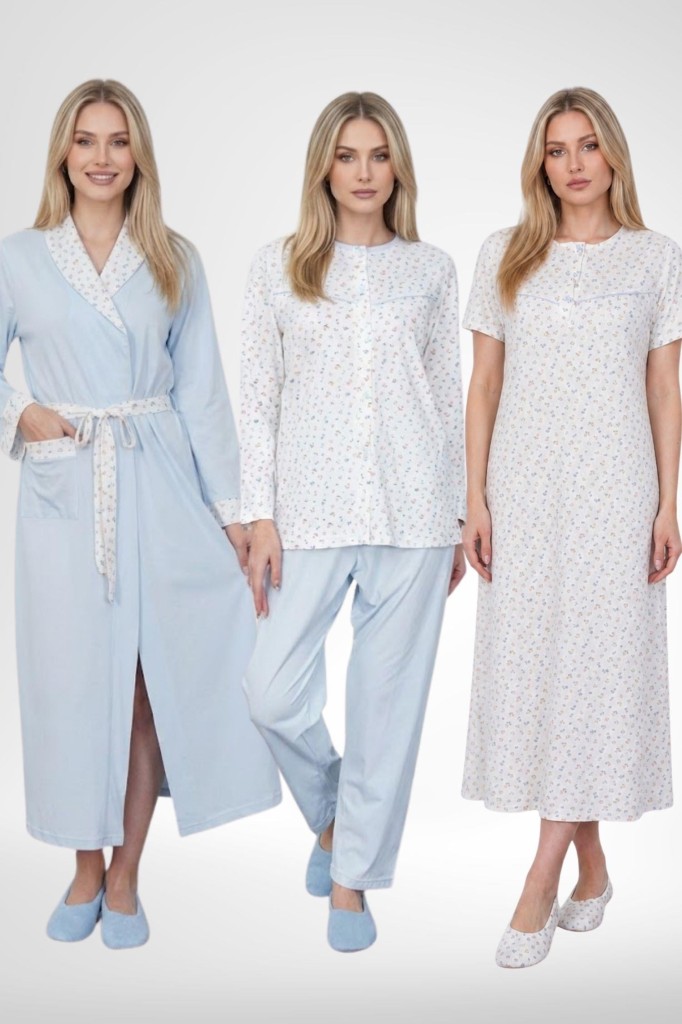 Mecit 6387 Mavi Büyük Beden Kadın Sabahlık Gecelik Pijama Takımı