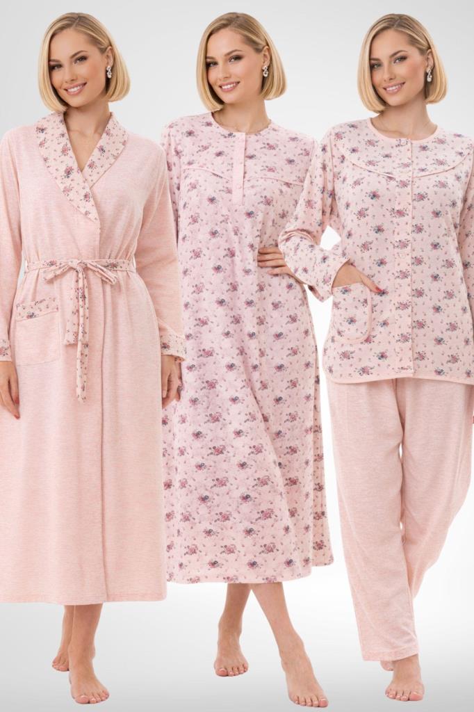 Mecit 6319 Pudra Büyük Beden Kadın Sabahlık Pijama Gecelik Set
