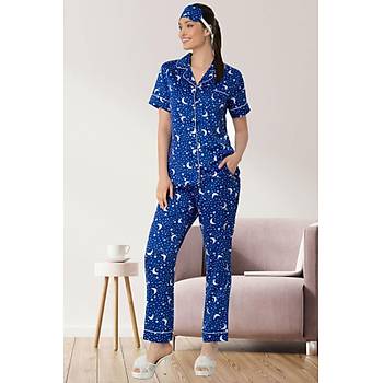 Mecit 5473 Bayan Lacivert nden Dmeli Saten Pijama Takm