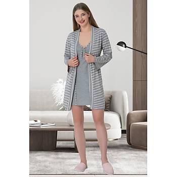Mecit 5625 Pembe �izgili Gri Kad�n Sabahl�k Gecelik Tak�m