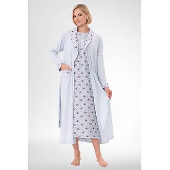 Mecit 6319 Mavi B�y�k Beden Kad�n Sabahl�k Pijama Gecelik Set