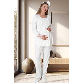 Mecit 5911 Ekru Bayan Hamile Lohusa Pelu Sabahlk Pijama Takm