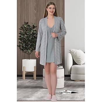 Mecit 6501 Bayan Pembe �izgili Gri Sabahl�k Gecelik Pijama Seti