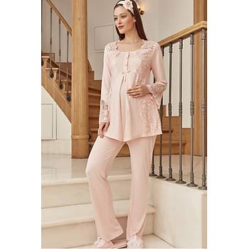 Mecit 5015 Bayan Hamile Lohusa Pudra Dantelli Pijama Takm