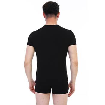 3 Adet �ift Kaplan Erkek Elastanl� K�sa Kollu Fanila Siyah 954