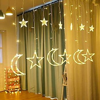3 Metre Perde LED I��k Zinciri - Y�ld�z ve Ay Fig�rl�, Sar� I��k, U� Uca Eklenebilir