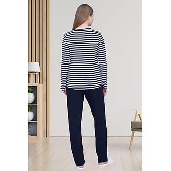 Mecit 6201 Lacivert �izgili B�y�k Beden Kad�n Pijama Tak�m�