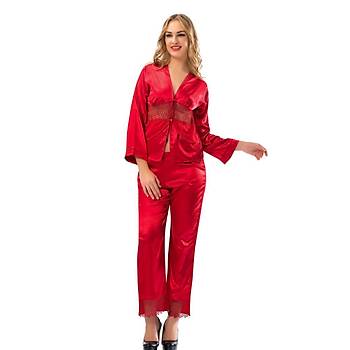 Sistina Bayan Krmz Saten Pijama Takm - 1601