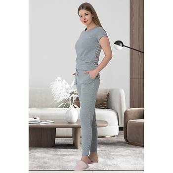 Mecit 6501 Bayan Pembe �izgili Gri Sabahl�k Gecelik Pijama Seti