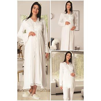 Carpediem LR 1519 Bayan Ekru 4 Par�a Hamile Lohusa Gecelik Seti