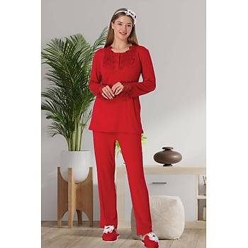 Mecit 6500 Bayan Hamile Krmz Sabahlkl Gecelik Pijama Takm