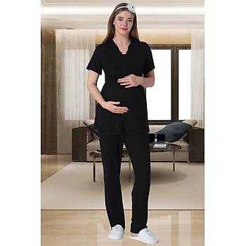 Mecit 6064 Bayan Lohusa Desenli Sabahlk Siyah Gecelik Pijama
