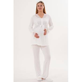 Mecit 6332 Bayan Ekru Sabahl�k Gecelik Pijama Hamile Lohusa Set