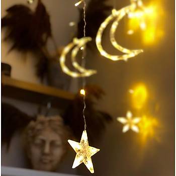 3 Metre Perde LED I��k Zinciri - Y�ld�z ve Ay Fig�rl�, Sar� I��k, U� Uca Eklenebilir