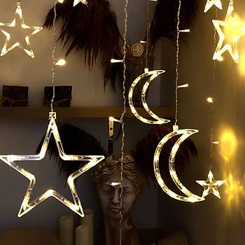 3 Metre Perde LED I��k Zinciri - Y�ld�z ve Ay Fig�rl�, Sar� I��k, U� Uca Eklenebilir
