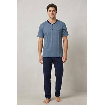Mecit 4003 �ndigo B�y�k Beden K�sa Kollu Erkek Pijama Tak�m�