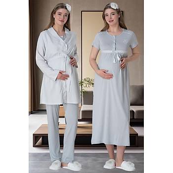 Mecit 6061 Bayan Gri Sabahlk Gecelik Pijama Hamile Lohusa Set