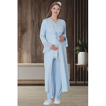 Mecit 1517 Bayan Hamile Lohusa Mavi Sabahlıklı Pijama Takımı