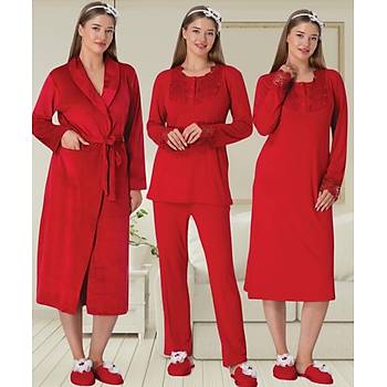 Mecit 6500 Bayan Hamile Krmz Sabahlkl Gecelik Pijama Takm