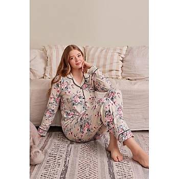 Mecit 6354 �i�ek Desenli Boydan D��meli Kad�n Pijama Tak�m�