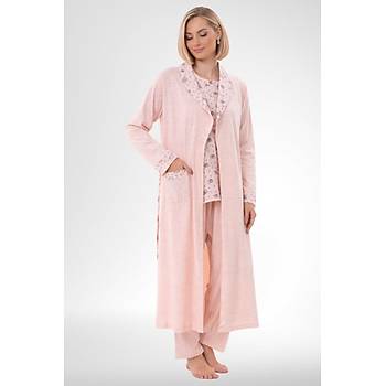 Mecit 6316 Pudra Kad�n B�y�k Beden Sabahl�kl� Pijama Tak�m�