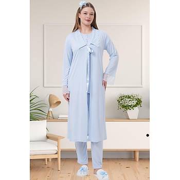 Mecit 1541 Bayan Hamile Lohusa Mavi Uzun Sabahlkl Pijama Takm