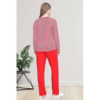 Mecit 6201 K�rm�z� �izgili B�y�k Beden Kad�n Pijama Tak�m�