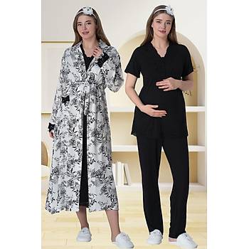 Mecit 6064 Bayan Lohusa Desenli Sabahlk Siyah Gecelik Pijama