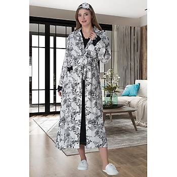 Mecit 6064 Bayan Lohusa Desenli Sabahlk Siyah Gecelik Pijama