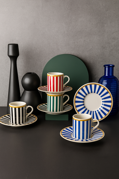 Kad�k�z� 8 par�a 4 ki�ilik Ritmo Porselen Kahve Fincan Tak�m�