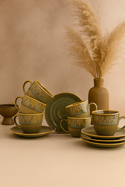 Kad�k�z� 12 par�a 6 ki�ilik Zeytuni Porselen Kahve Fincan Tak�m�